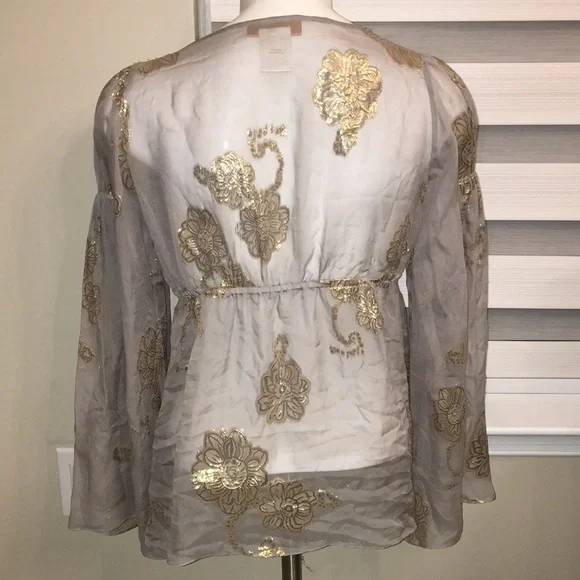 LaRok ANTHRO BRAND real silk SHEER top with gold lame embroidered design Nwot - Picture 5 of 6